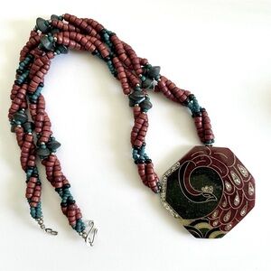 Exotic Peacock Pendant with Layered Wood Beads Necklace